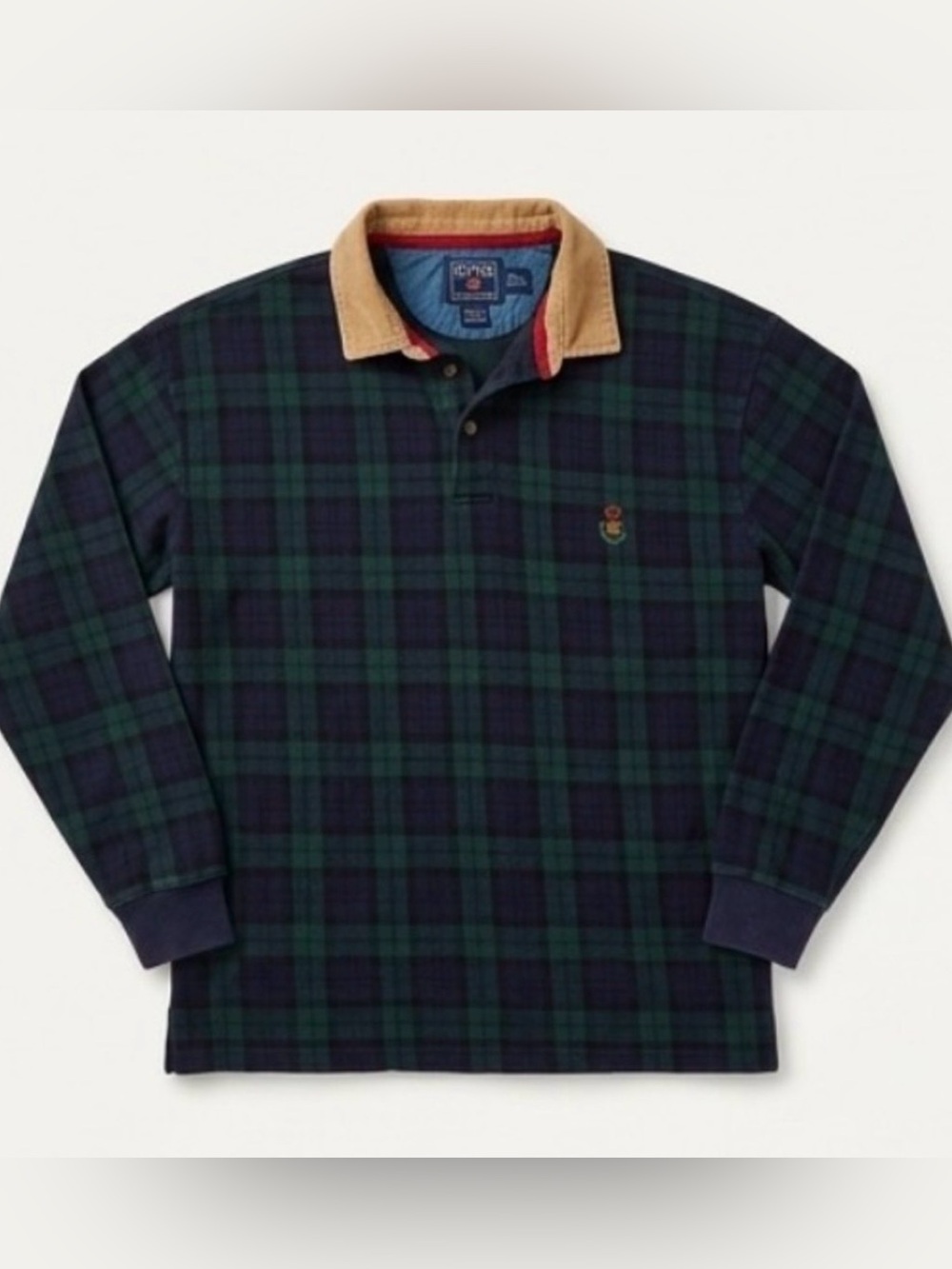 Vintage XLT Chaps Men's Navy & Green Plaid Rugby Shirt with Tan Corduroy Collar
